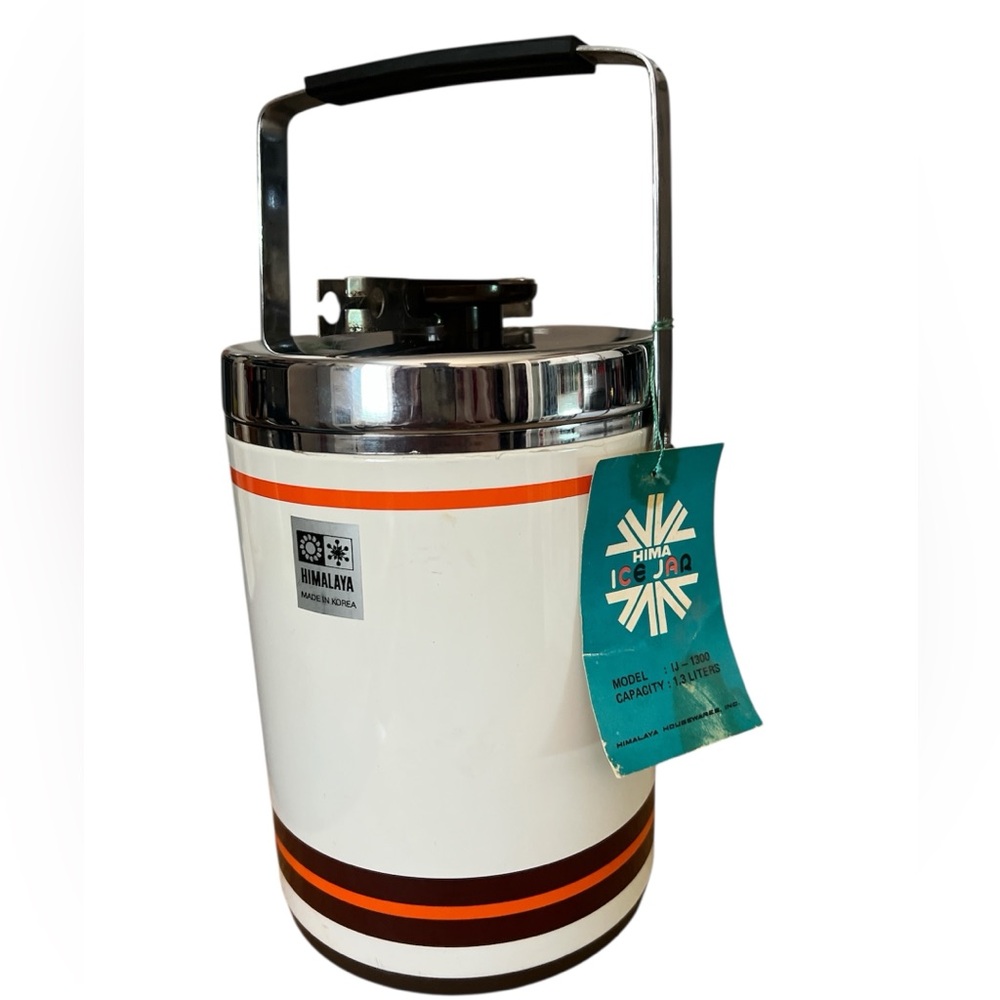 New old stock vintage Himalaya Ice bucket with tongs orange & brown bar wear